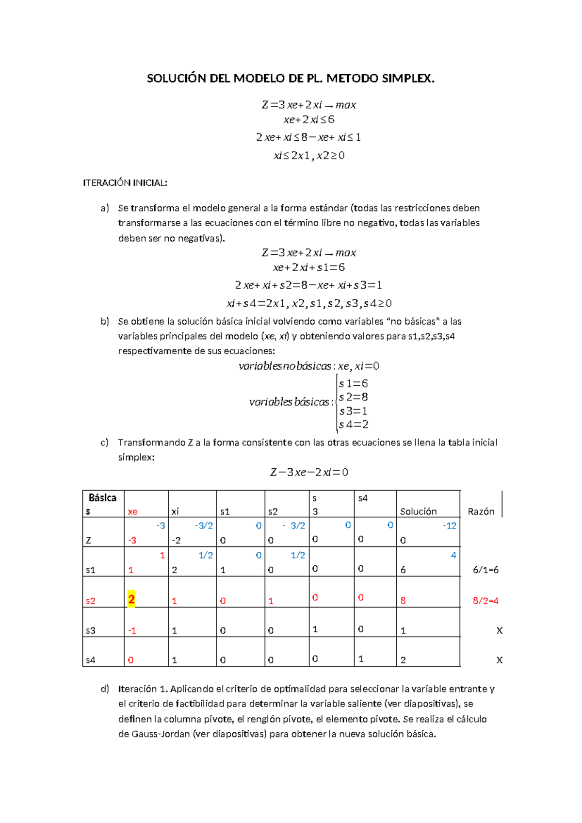 4 Solucion PL Simplex 0 - aountes - SOLUCIÓN DEL MODELO DE PL. METODO ...