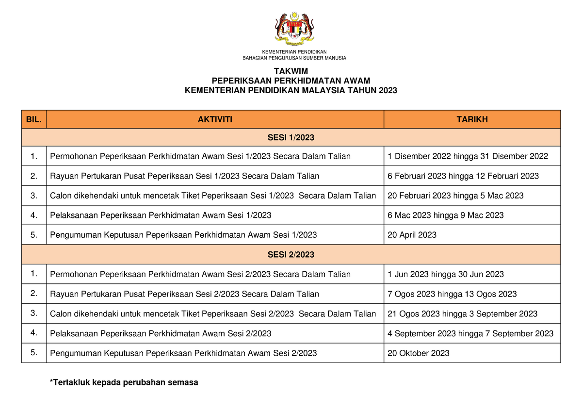 Takwim PPA KPM Tahun 2023 - TAKWIM *Tertakluk Kepada Perubahan Semasa ...