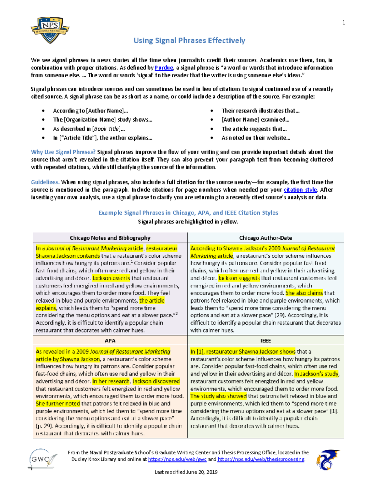 Signal Phrases research 1 From the Naval Postgraduate School’s