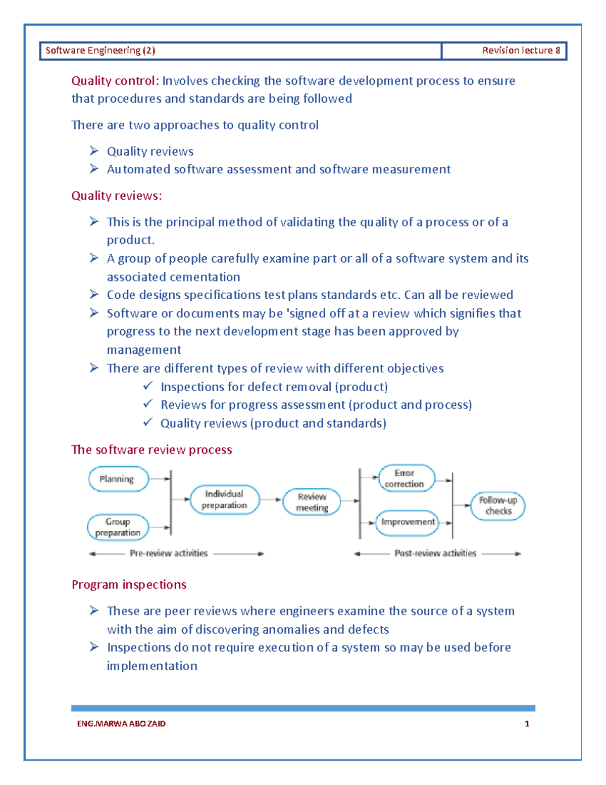 Revision lecture 8 - Quality control: Involves checking the software ...