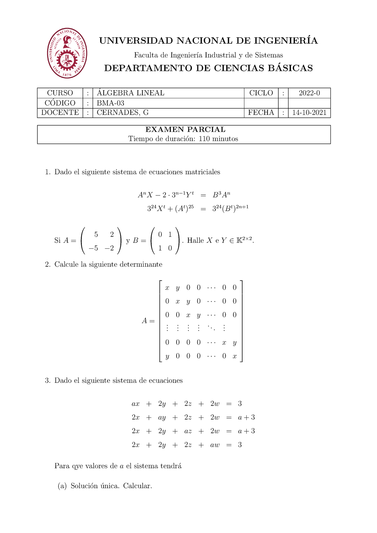 EXAMEN PARCIAL- BMA03 CICLO 2021-3 - UNI-FIIS - UNIVERSIDAD NACIONAL DE ...