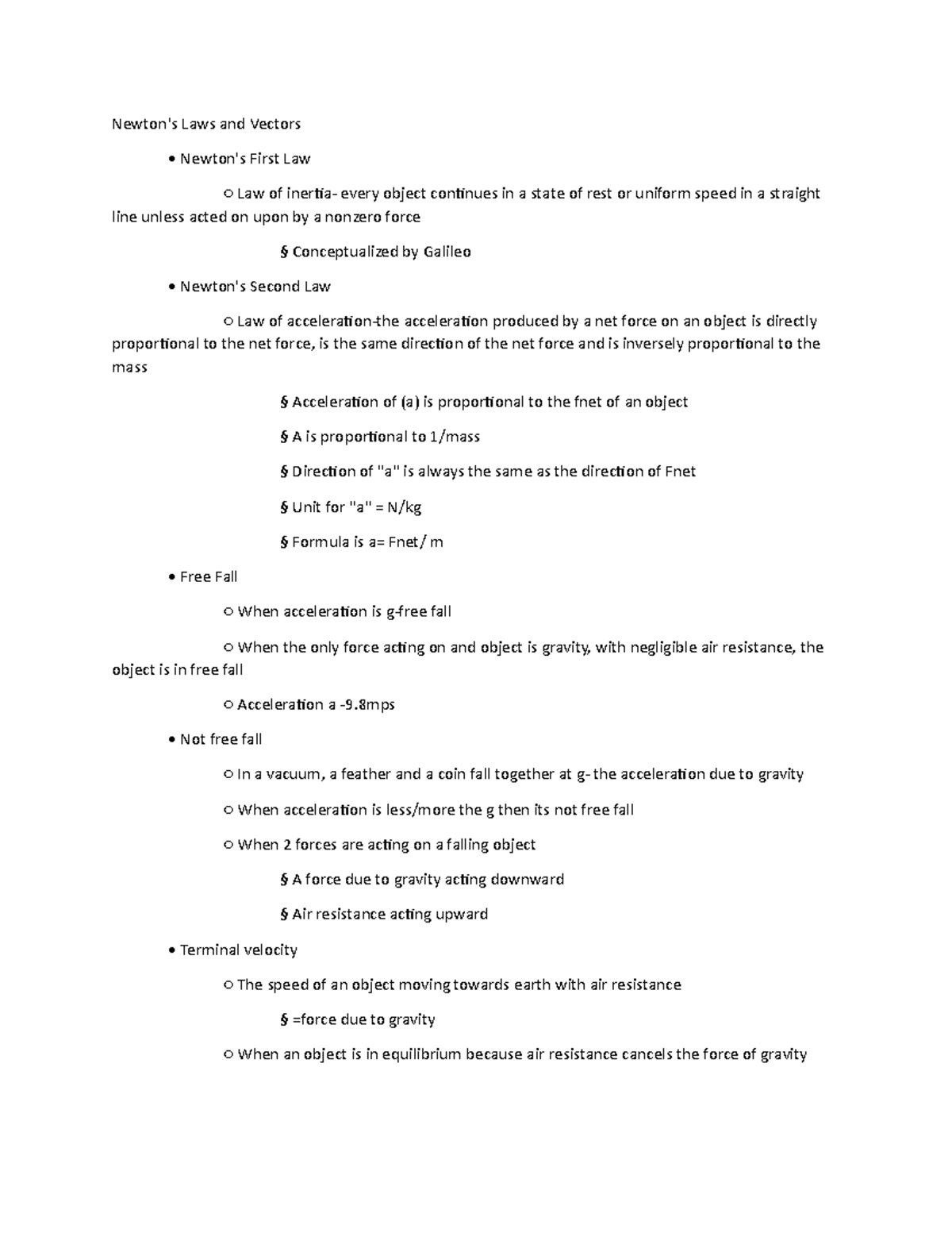 Chapter 3 Notes - Newton's Laws and Vectors - Newton's First Law Law of ...