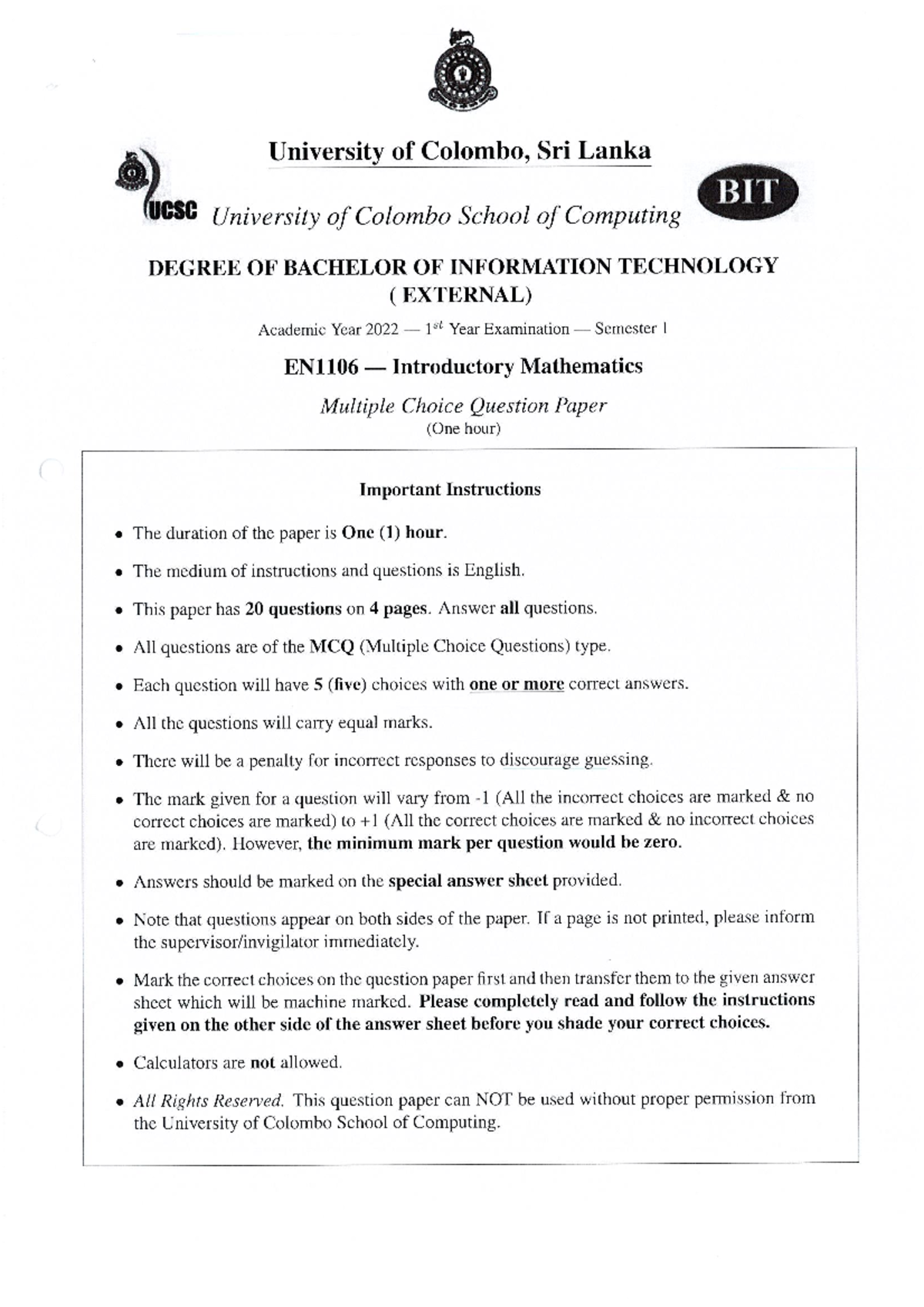 EN1106 2022 - questions - University of Colombo, Sri Lanka BIT UCSC ...