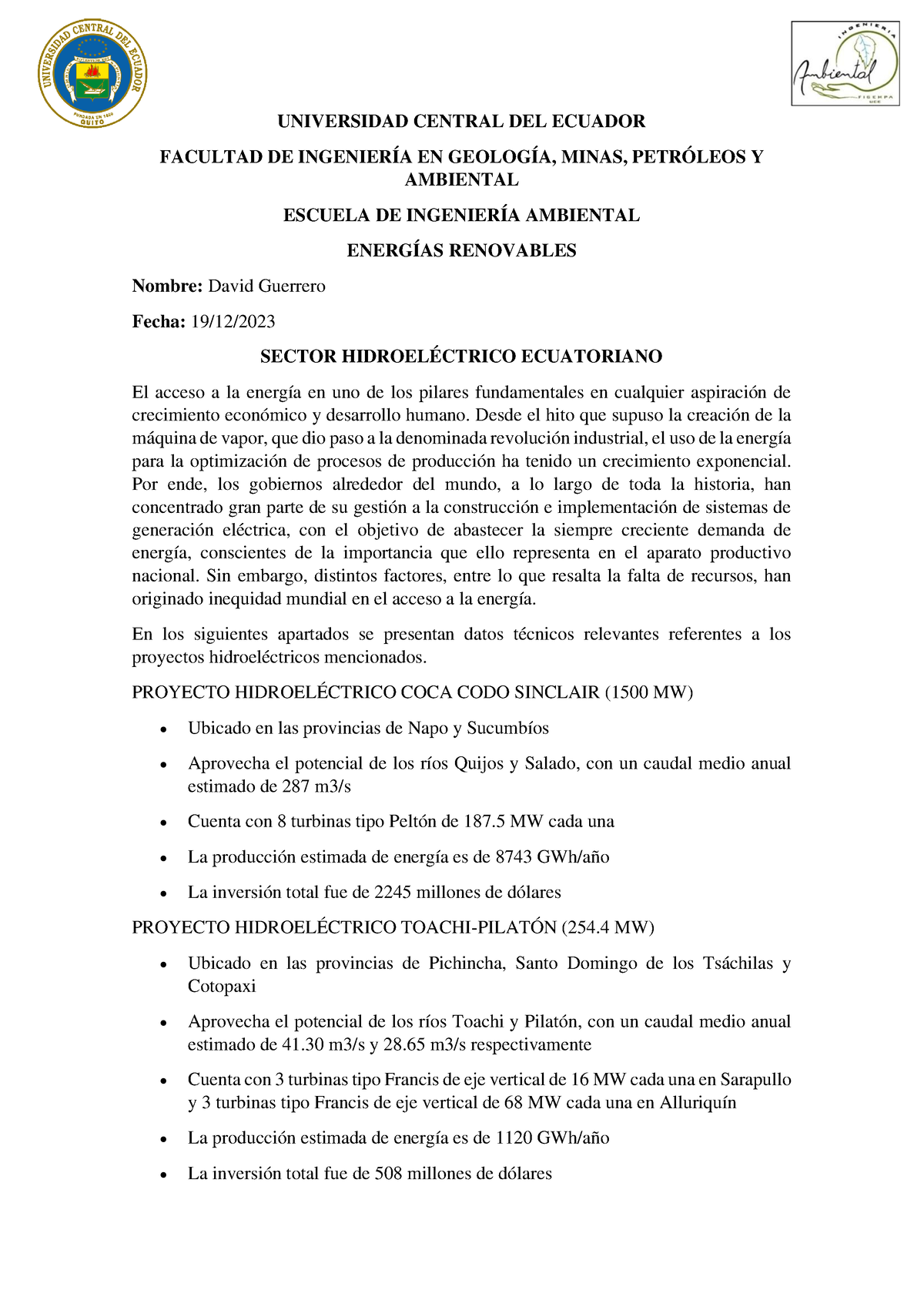 Tarea 8 Proyectos Hidroelctricos David Guerrero - UNIVERSIDAD CENTRAL ...