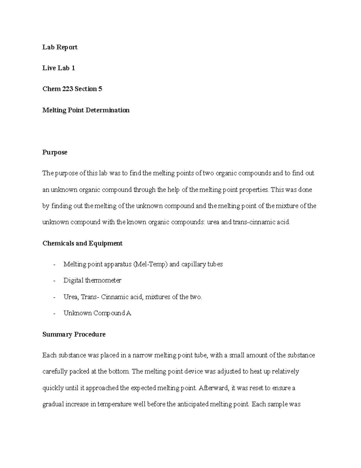 Lab Report 1 Orgo Lab - Lab Report Live Lab 1 Chem 223 Section 5 ...