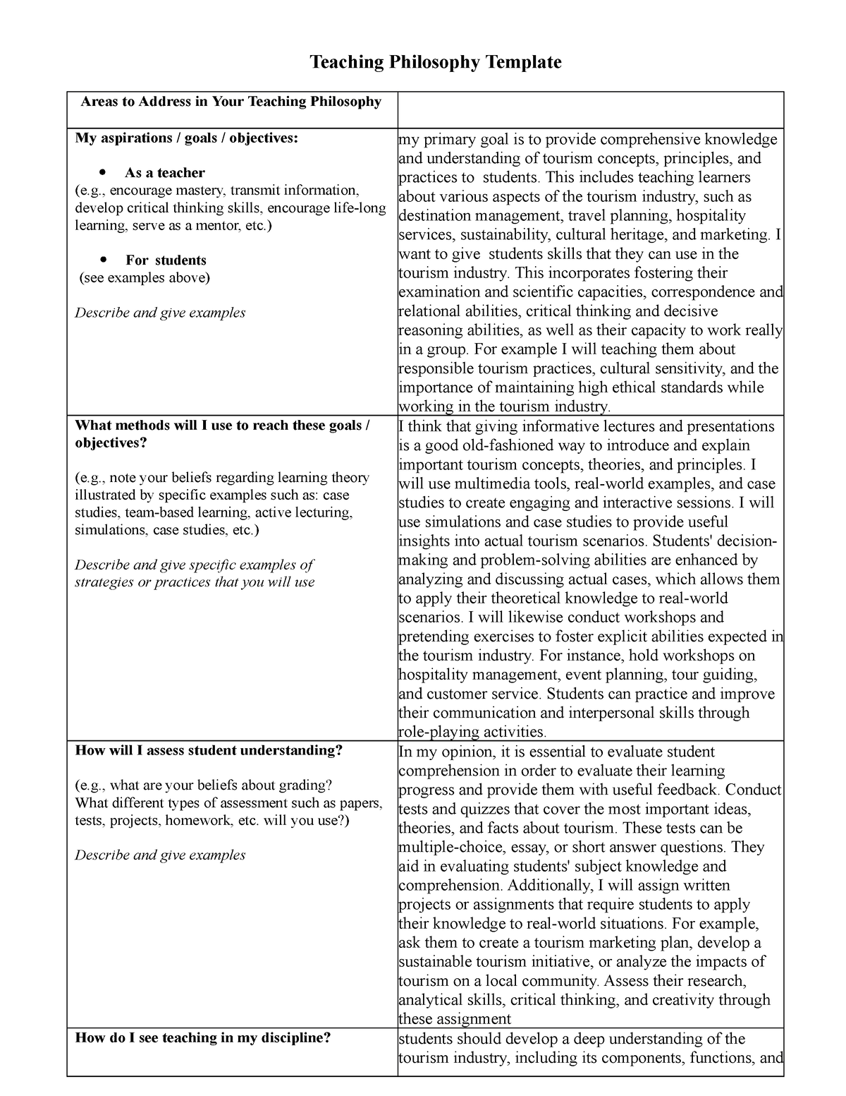 Teaching Philosophy Template - , encourage mastery, transmit ...