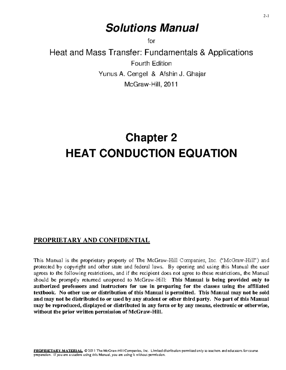 Heat And Mass Transfer 4th Edition Cenge 2nd Chapter Sol - PROPRIETARY ...