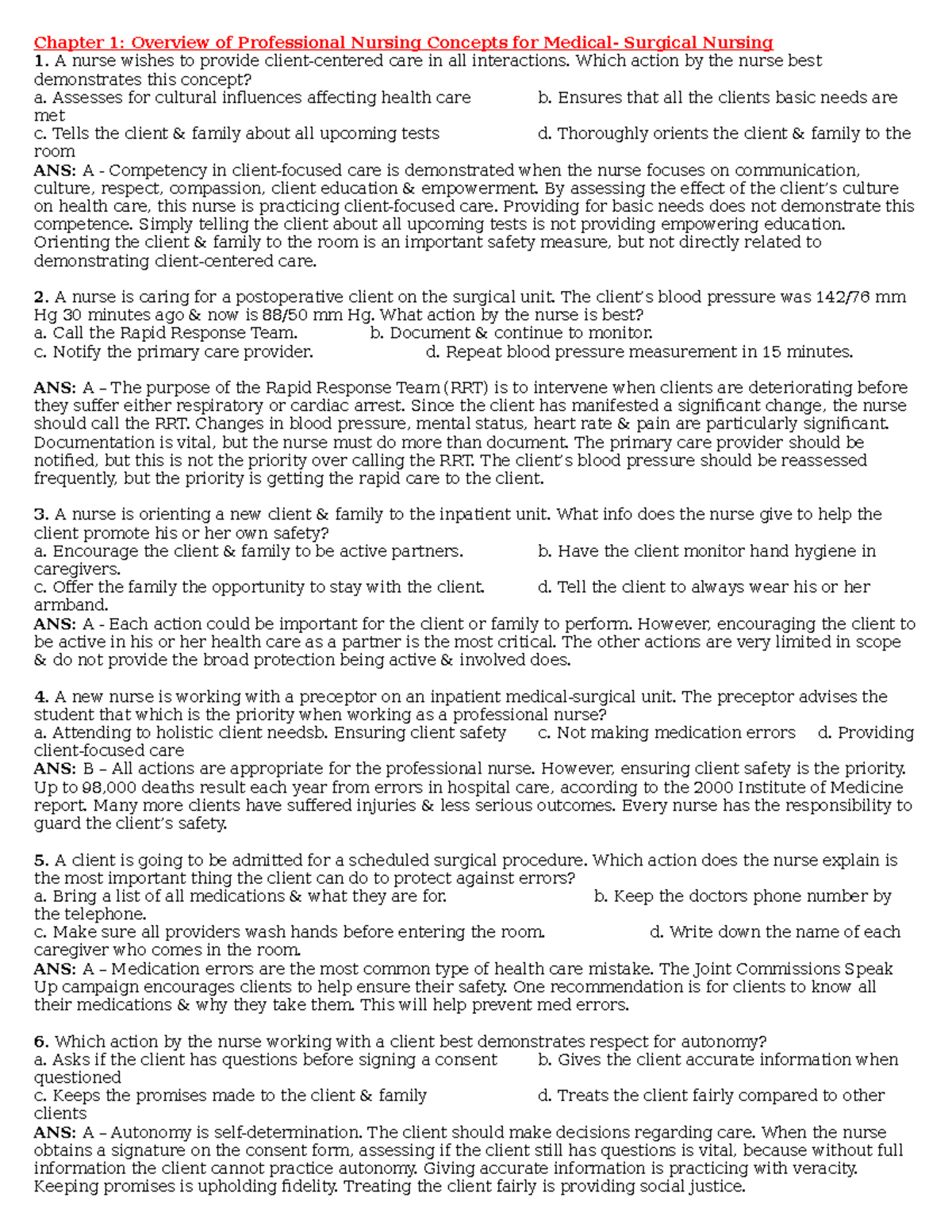 Exam 1 Med Surg practice questions Chapter 1 Overview of