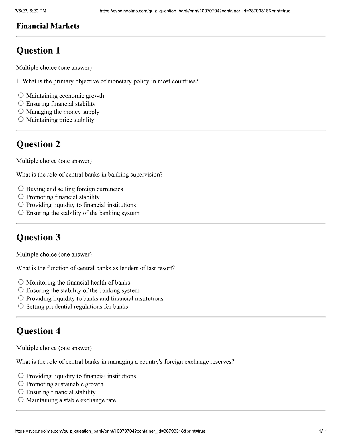 financial market exam - Financial Markets Question 1 Multiple choice ...