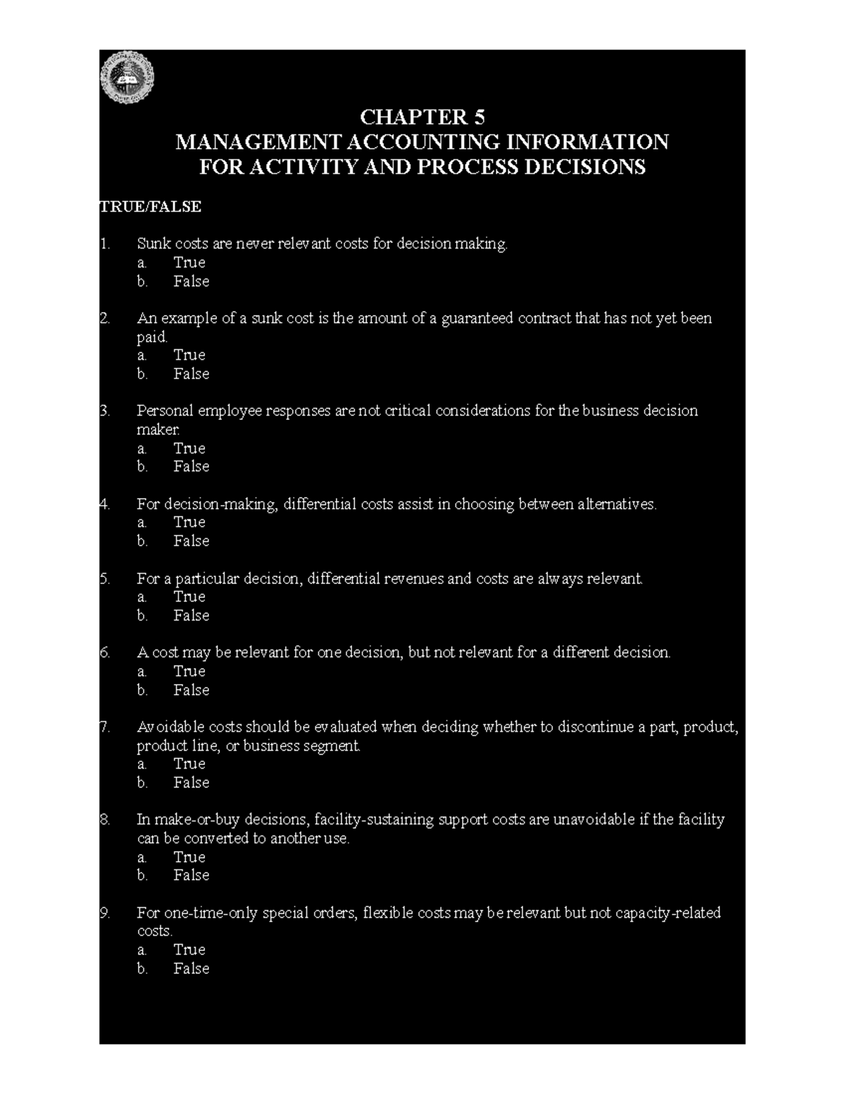 CHAP 05 - MANAGEMENT ACCOUNTING PRACTICE TEST CHAPTER 5 - CHAPTER 5 ...