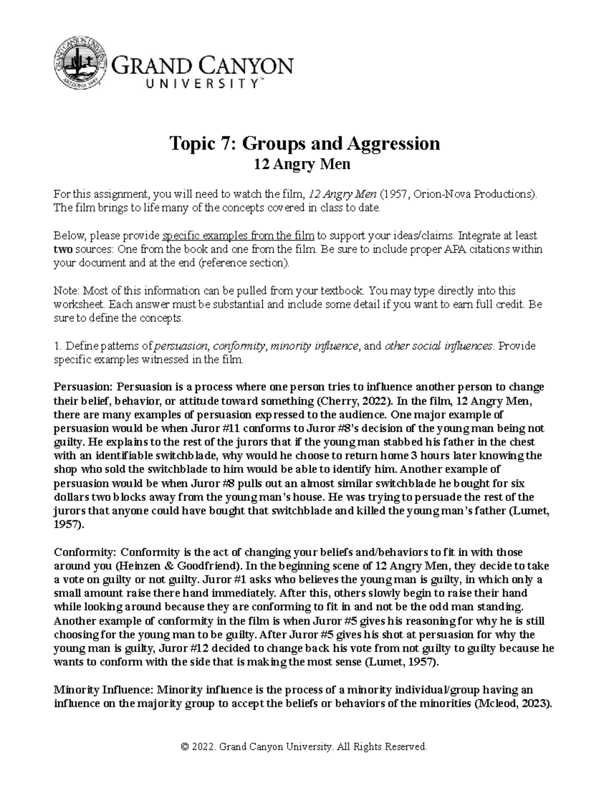 12Angry Men - assignment - Topic 7: Groups and Aggression 12 Angry Men ...
