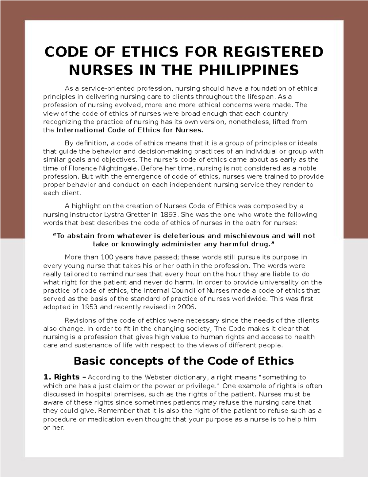 importance of code of ethics in nursing essay