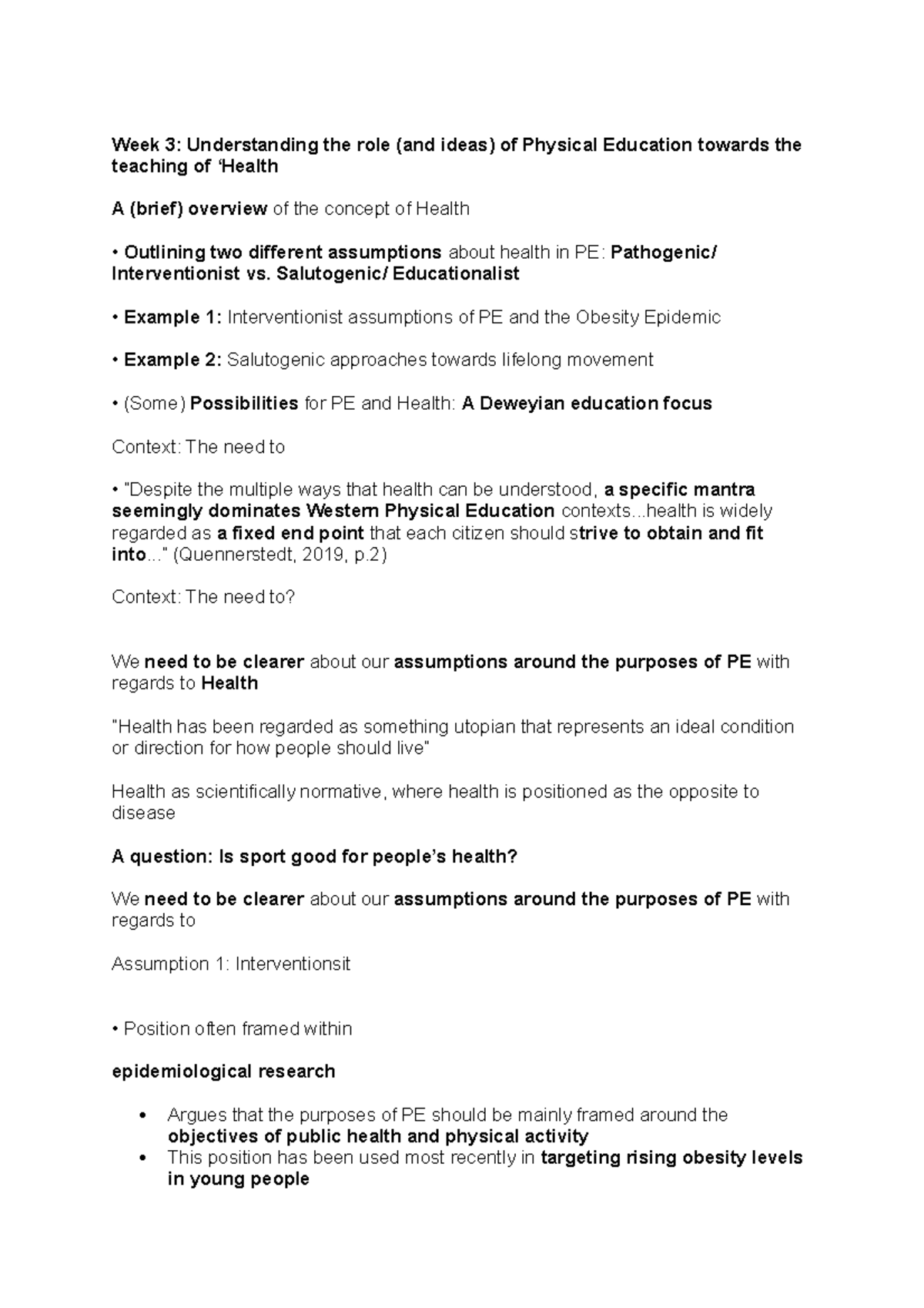 PE and Health 3 - Lecture notes 3 - Week 3: Understanding the role (and ...