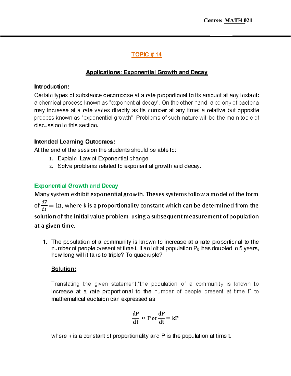 Lesson 14 Exponential Growth and Decay Differential Equations TIP