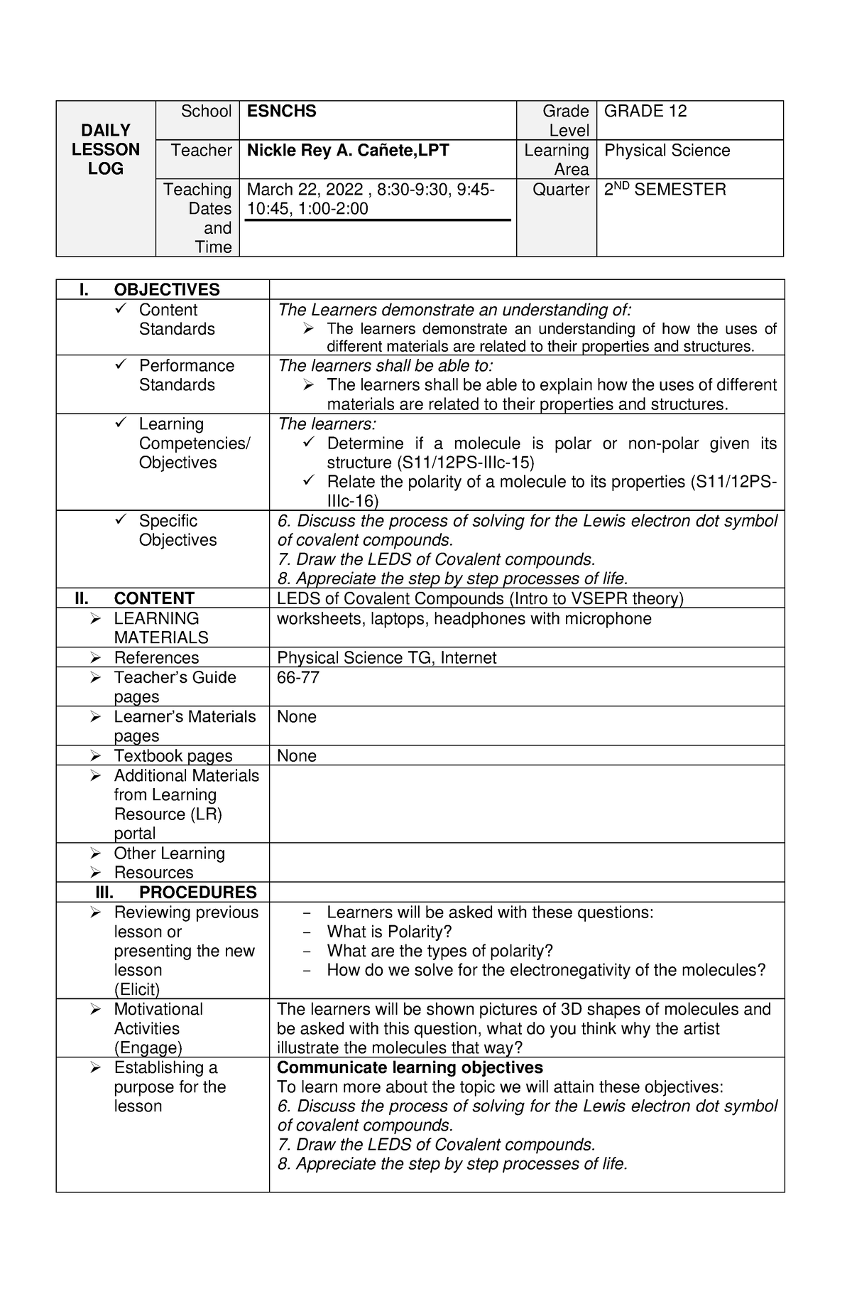 Physical Sci DLP 103 - lesson plan in LEDSof compound - DAILY LESSON ...