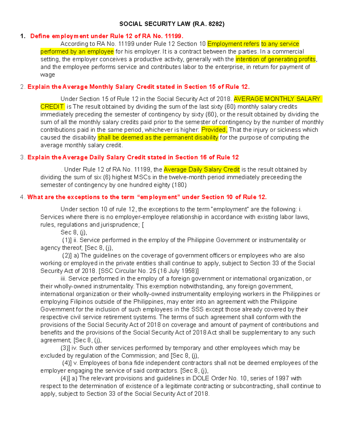 Social Security LAW lecture notes Bachelor of Science in