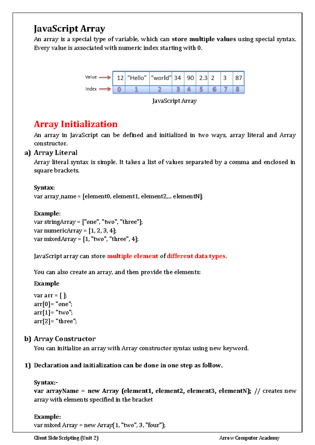 Unit 2 CSS - Css - JavaScript Array An array is a special type of ...