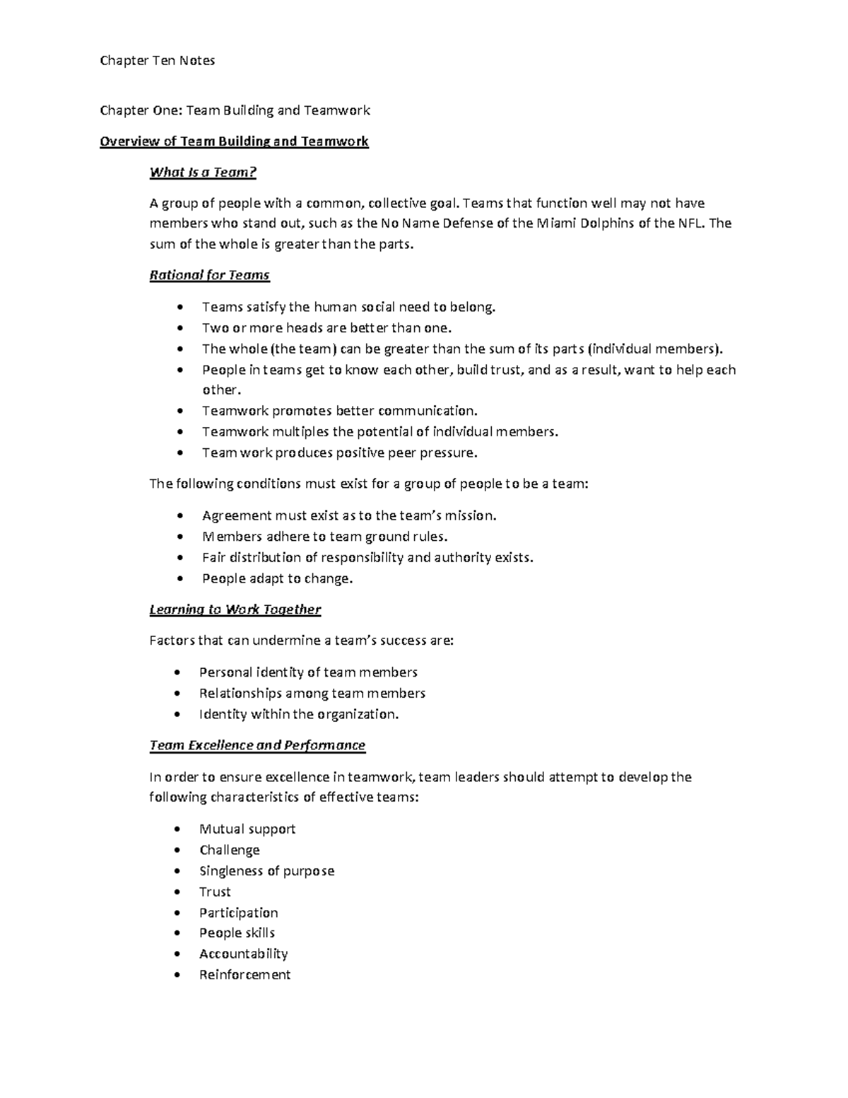 Chapter Ten Notes - Chapter Ten Notes Chapter One: Team Building and ...