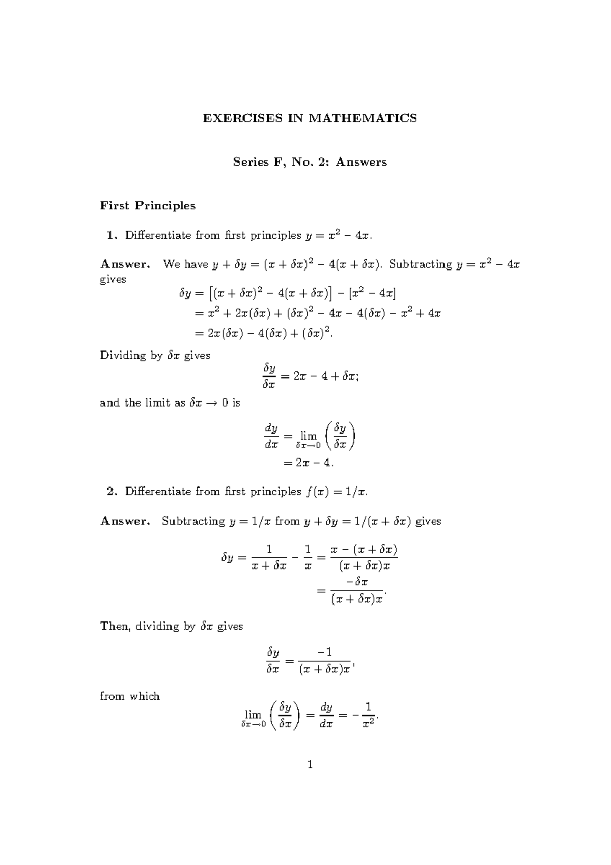 Diff - EXERCISES IN MATHEMATICS Series F, No. 2: Answers First ...