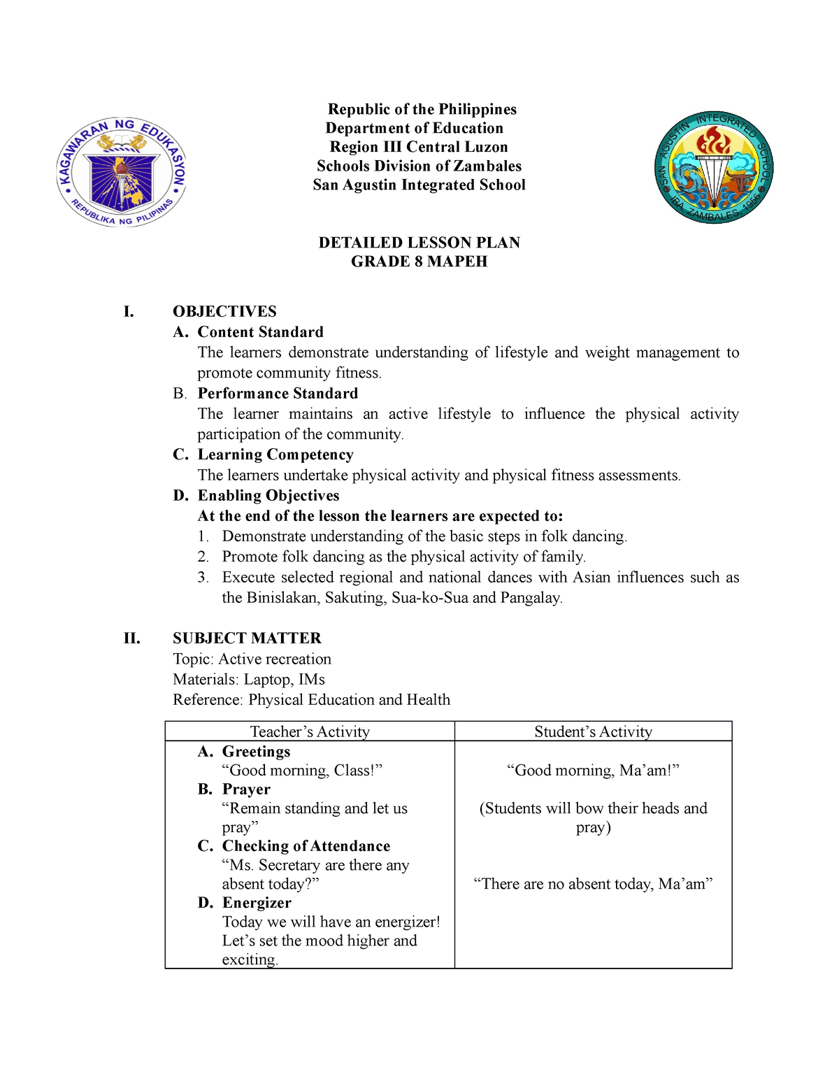 LP Grade 9 4TH PE - Republic of the Philippines Department of Education ...