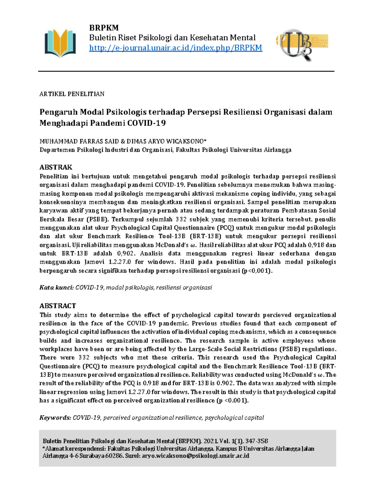 Pengaruh Modal Psikologis Terhadap Persepsi Resiliensi Organisasi Dalam ...