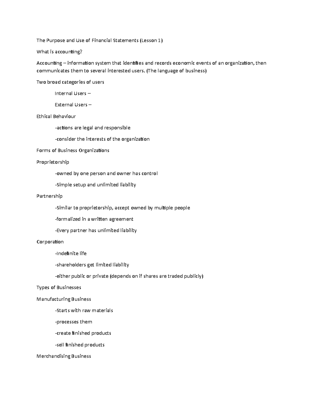 Intro Accounting and Finance Chapter 1 (Basic Notes) - Mos 1023 - StuDocu