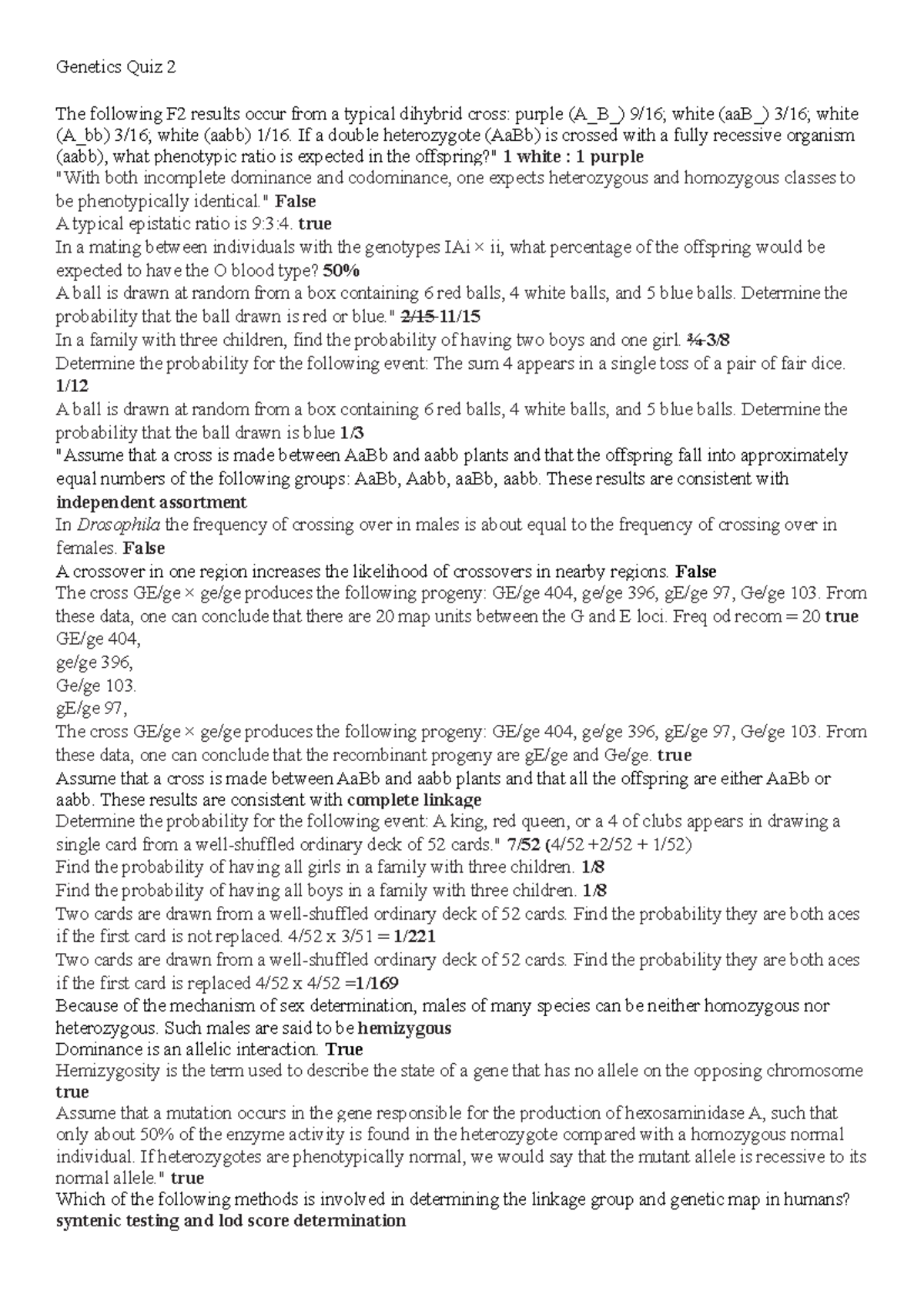 Genetics Quiz 2 Quiz 2 Questions And Answer some Not Have Answers