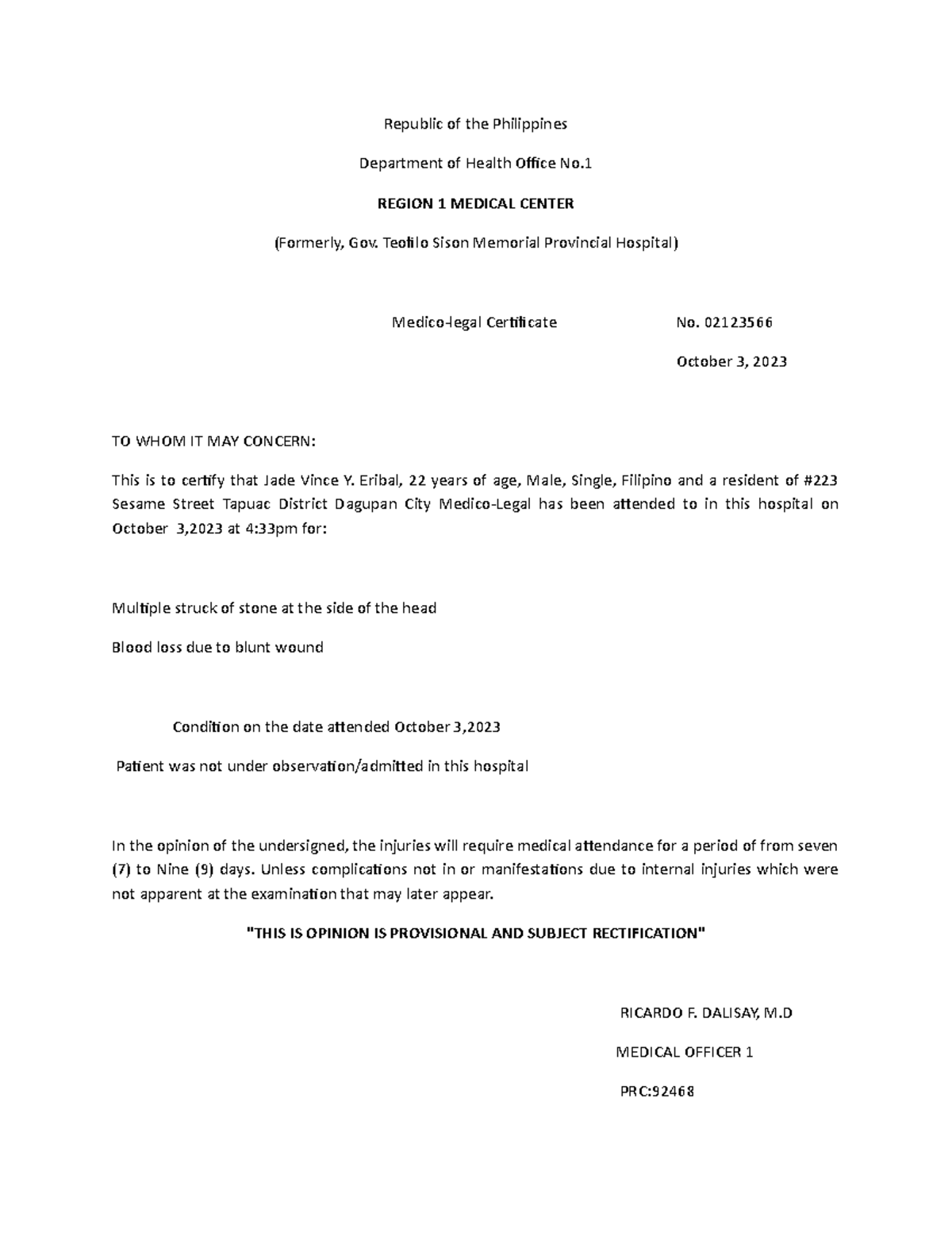 Medicolegal medicolegal Republic of the Philippines Department of