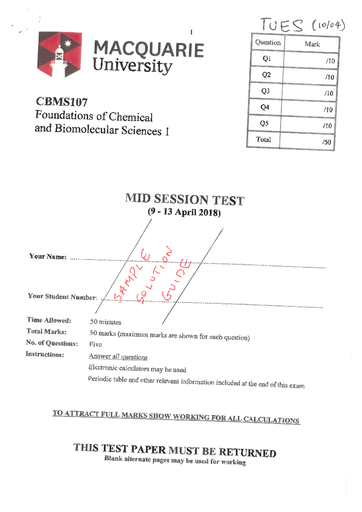 2018 Mid Sem Exam Solutions (Tuesday) - CHEM1001 - Studocu