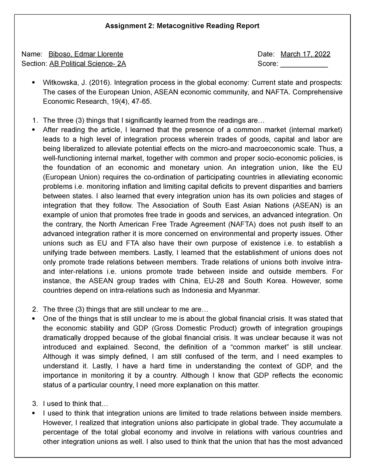 assignment 2 metacognitive reading report