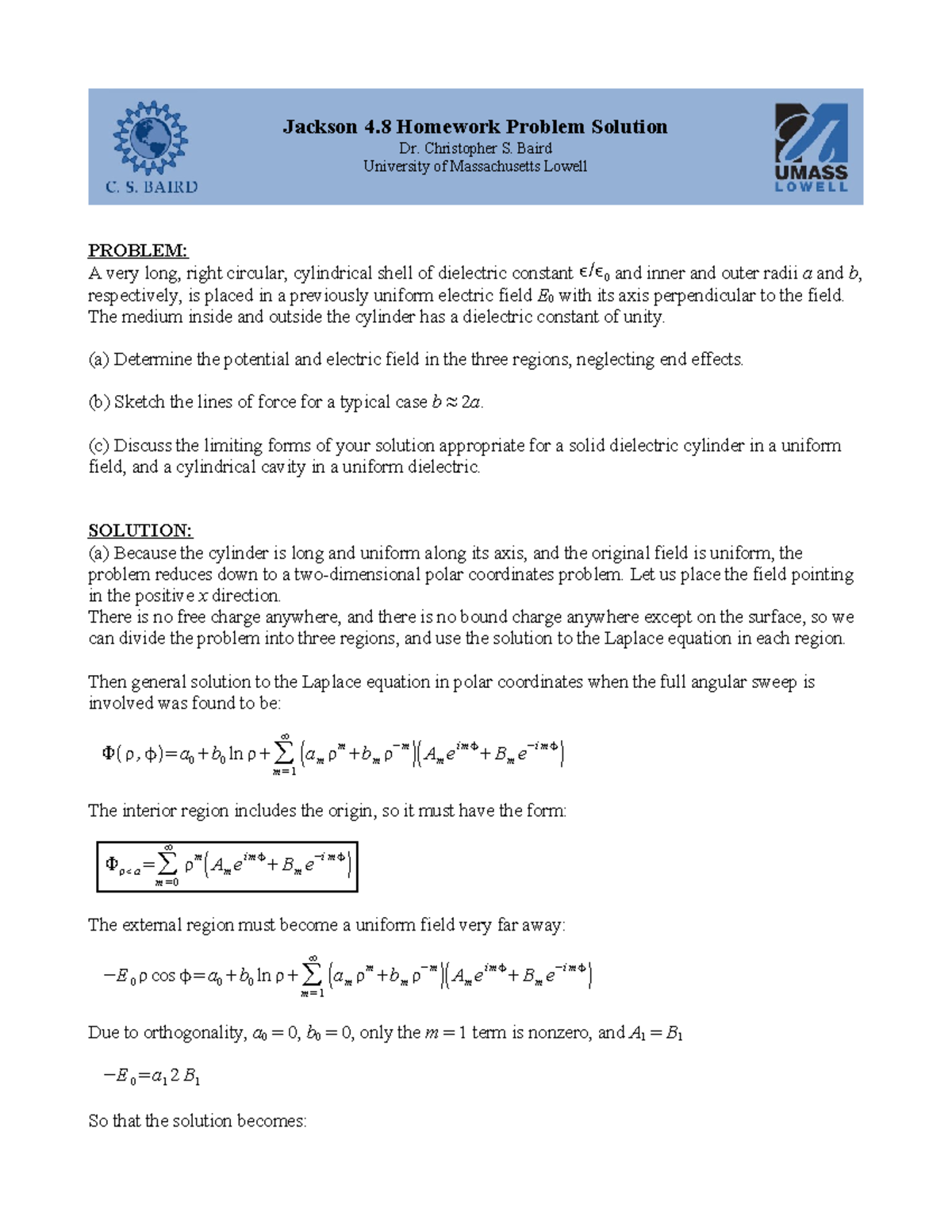 Jackson 4 8 Homework Solution Jackson 4 Homework Problem Solution Dr. Christopher S. Baird