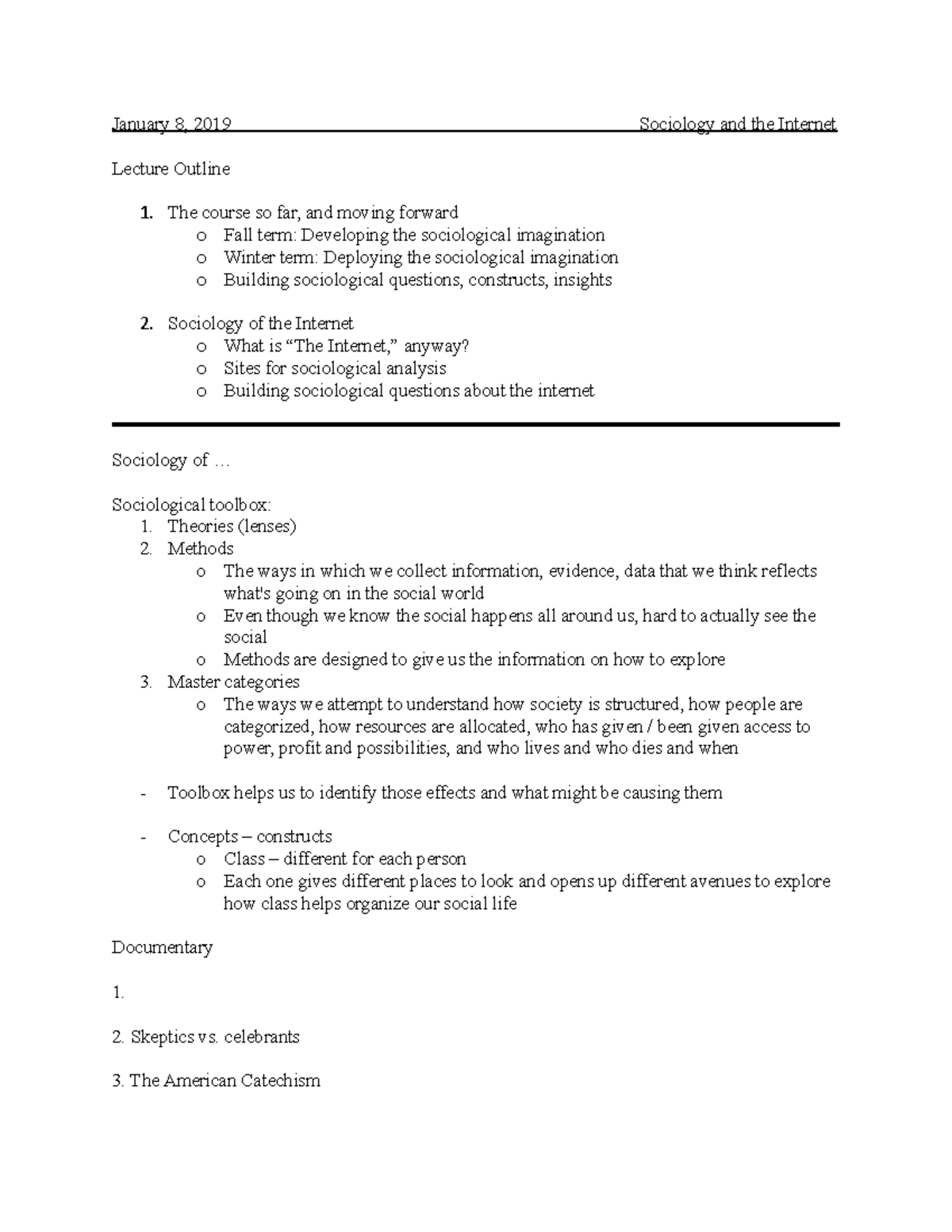 SOCI 1020 - Semester 2 - Week 1 - 2018 - January 8, 2019 Sociology and ...