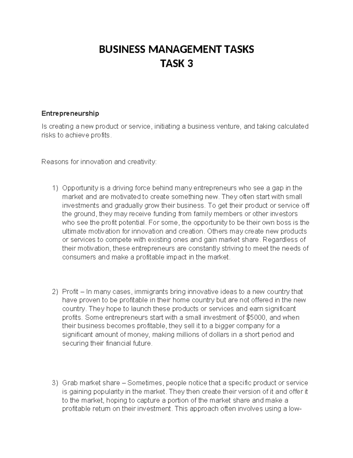 BMT - TAsk 3 - BUSINESS MANAGEMENT TASKS TASK 3 Entrepreneurship Is ...