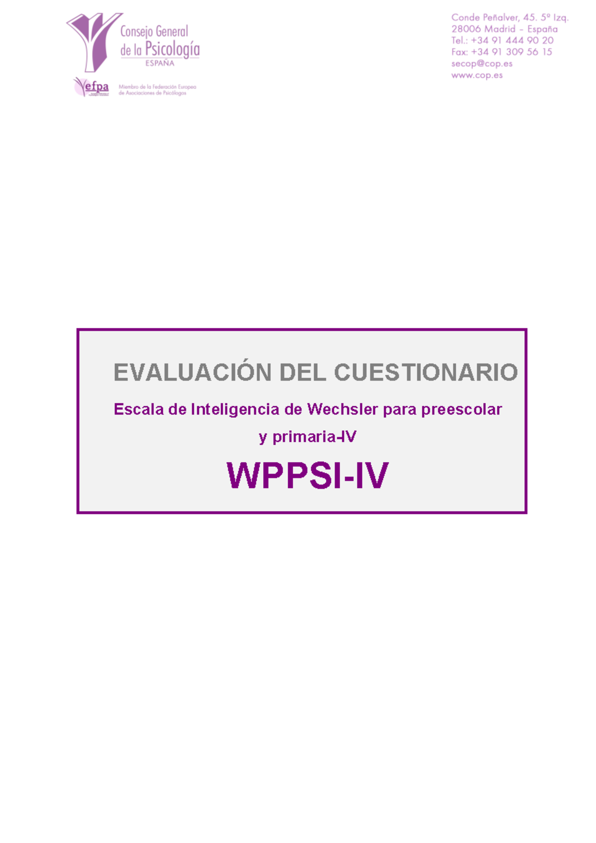WppsiIV Resumen de aplicación y calificación de WPPSIIV