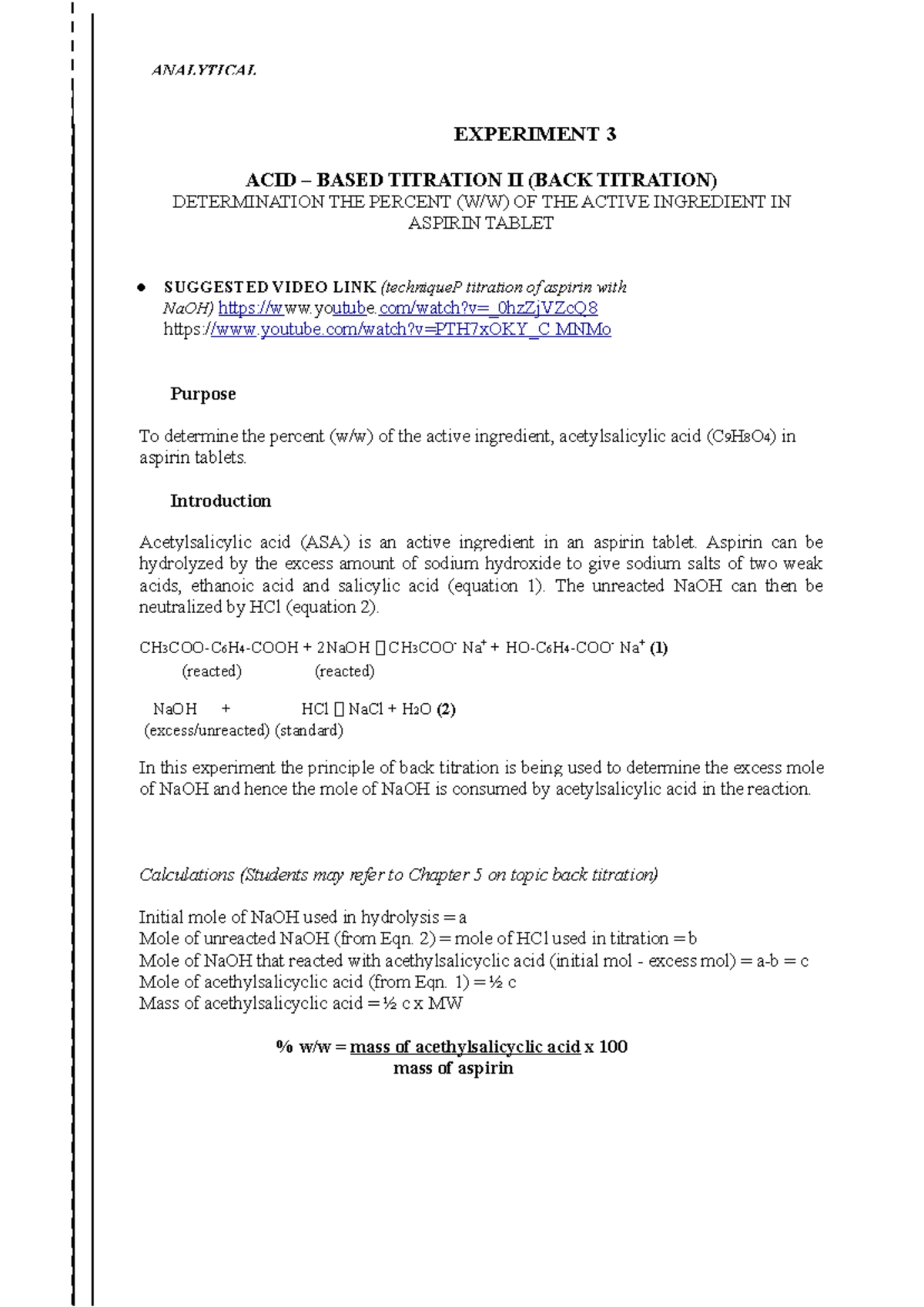 EXP 3 ACID BASE Titration II - EXPERIMENT 3 ACID – BASED TITRATION II ...