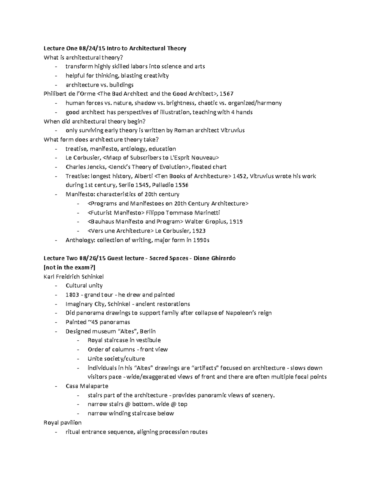 FA15 ARCH314 Midterm Notes - Lecture One Intro to Architectural Theory ...