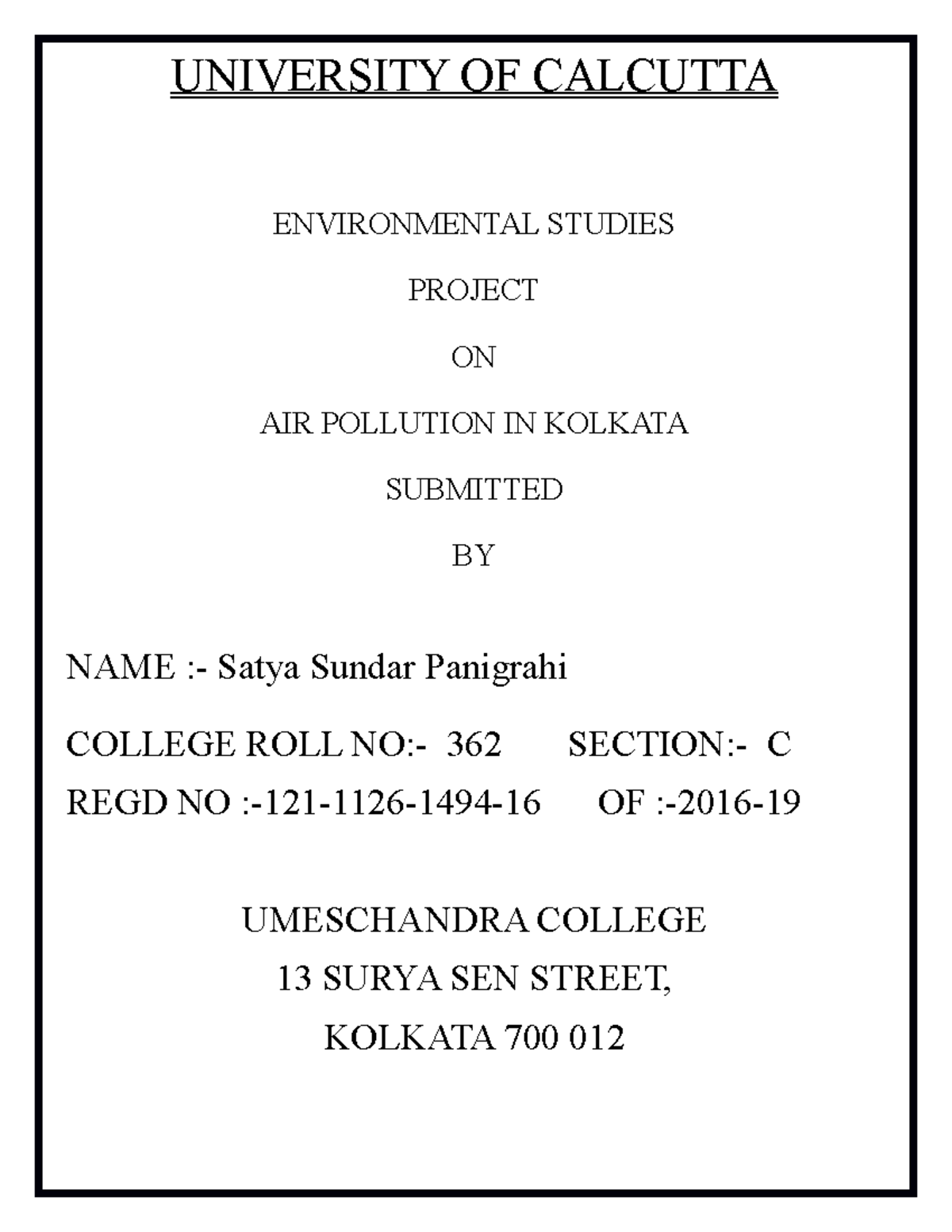 Environmental Studies Report On Air Pollution In Kolkata UNIVERSITY