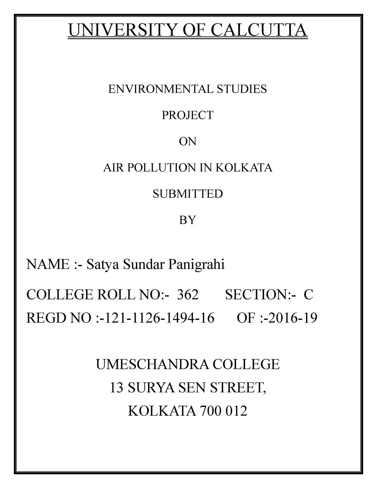 Environmental Studies Report On Air Pollution In Kolkata - UNIVERSITY ...