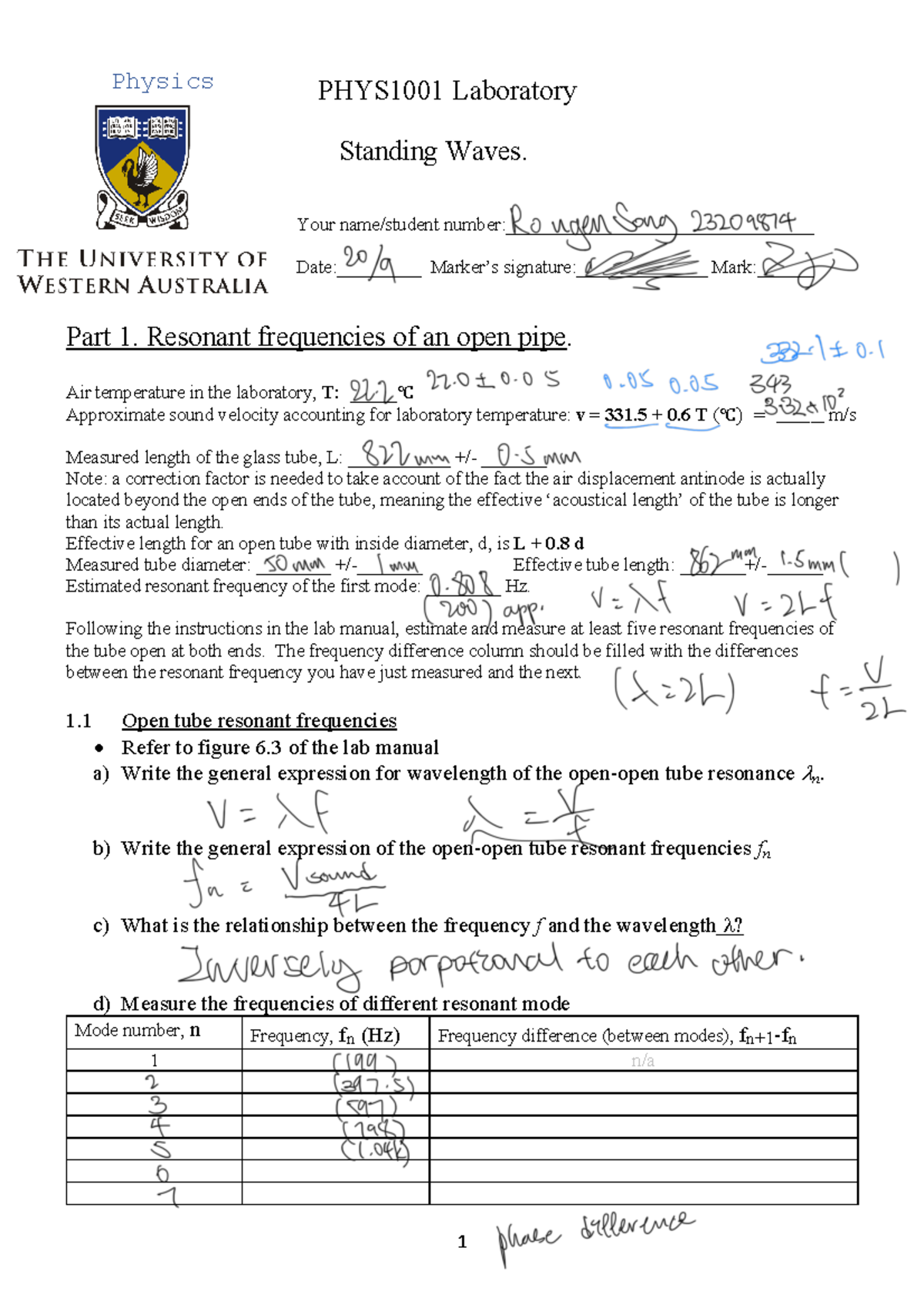 Physics with notes - PHYS1001 Laboratory Standing Waves. Your name ...