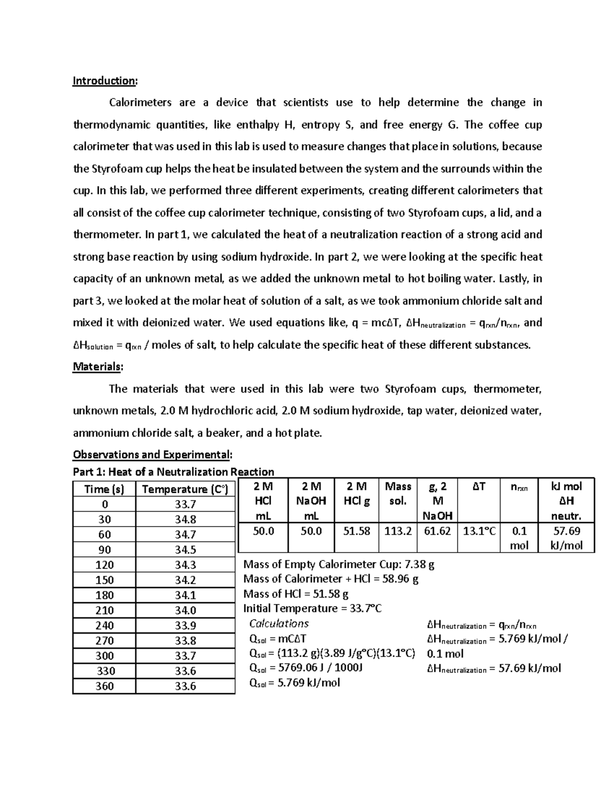 CHEM 106 00 Lab 17 Report Introduction Calorimeters are a device