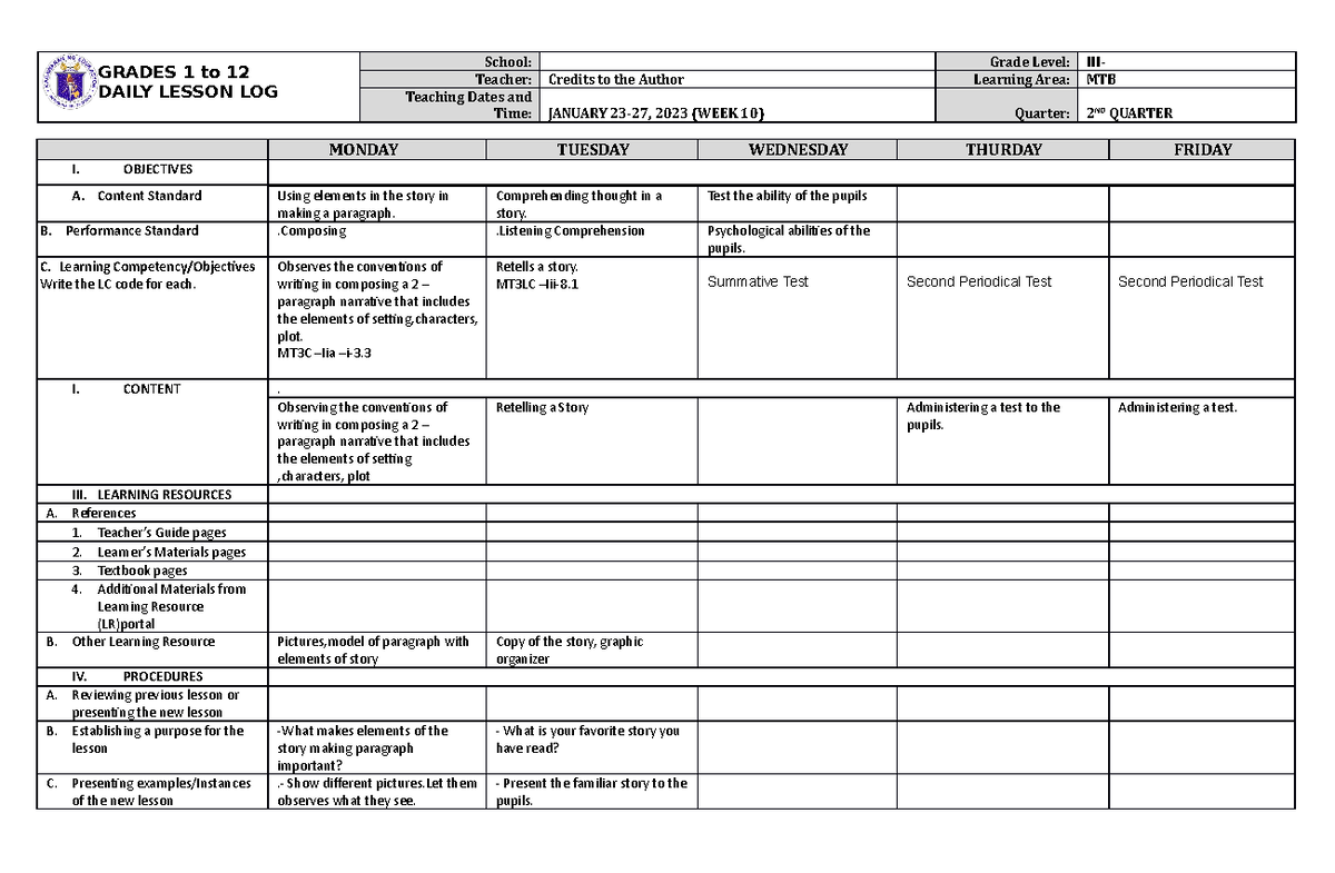 DLL MTB 3 Q2 W10 - DLL - GRADES 1 to 12 DAILY LESSON LOG School: Grade ...