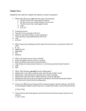 Immunology Practice Exam 4 - Practice Exam Multiple Choice Identify the ...