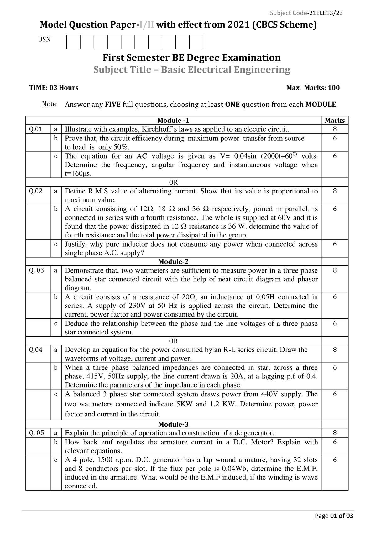 21ELE13 21ELE23 Basic Electrical Engg Model Paper 1 - Subject Code ...