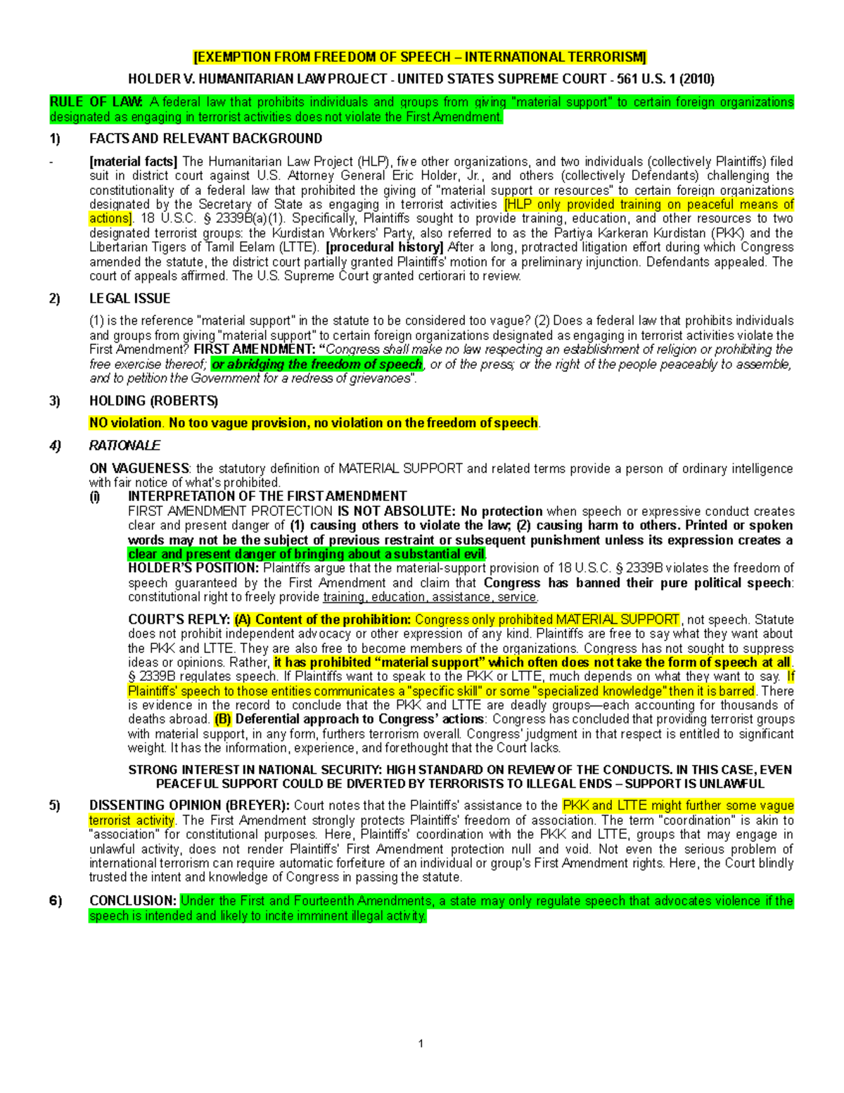 Case brief Holder v. Humanitarian LAW Copy [EXEMPTION FROM FREEDOM