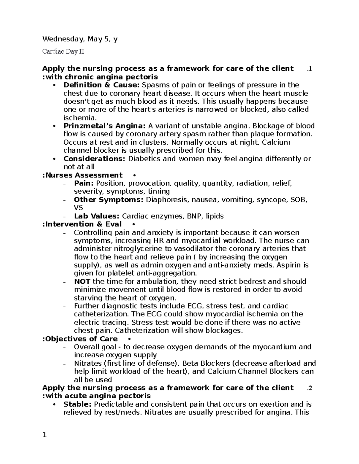 Cardiac Day II of II - Cardiac Day II Apply the nursing process as a ...