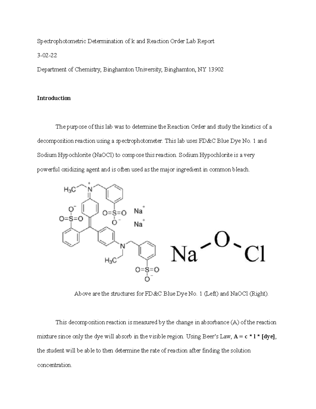 Spectrophotometric Determination of k and Reaction Order Lab Report