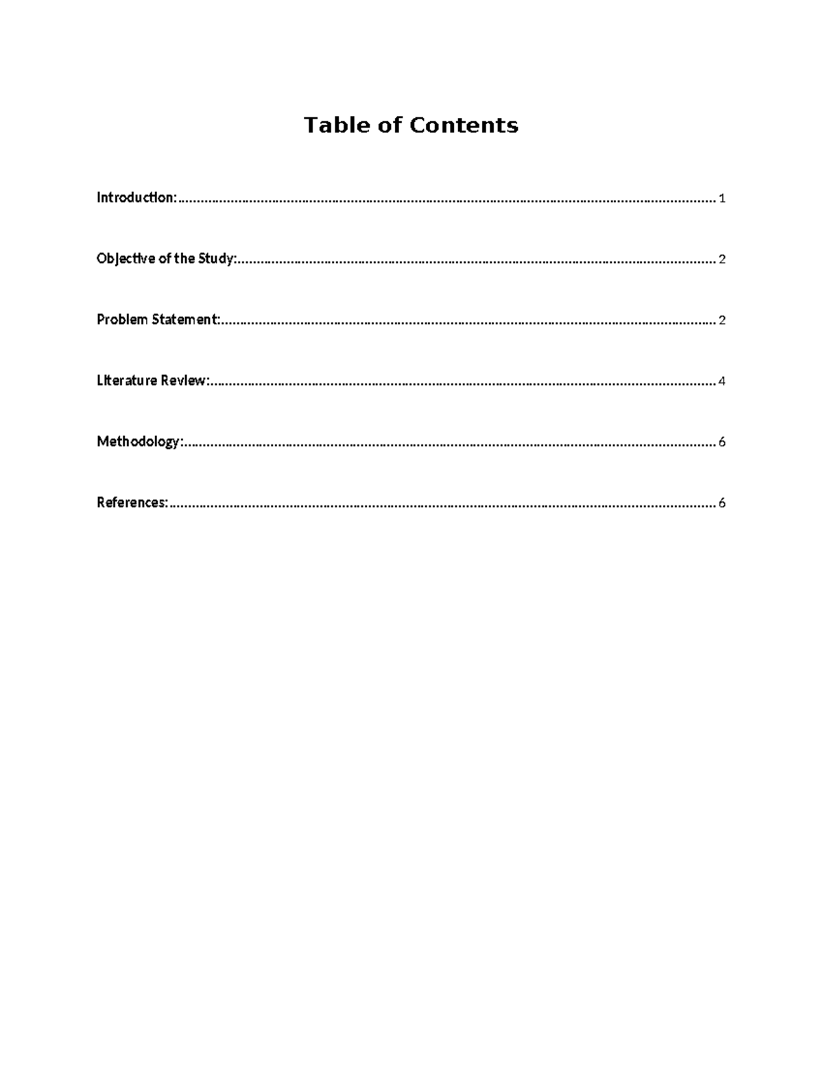 table of contents research proposal