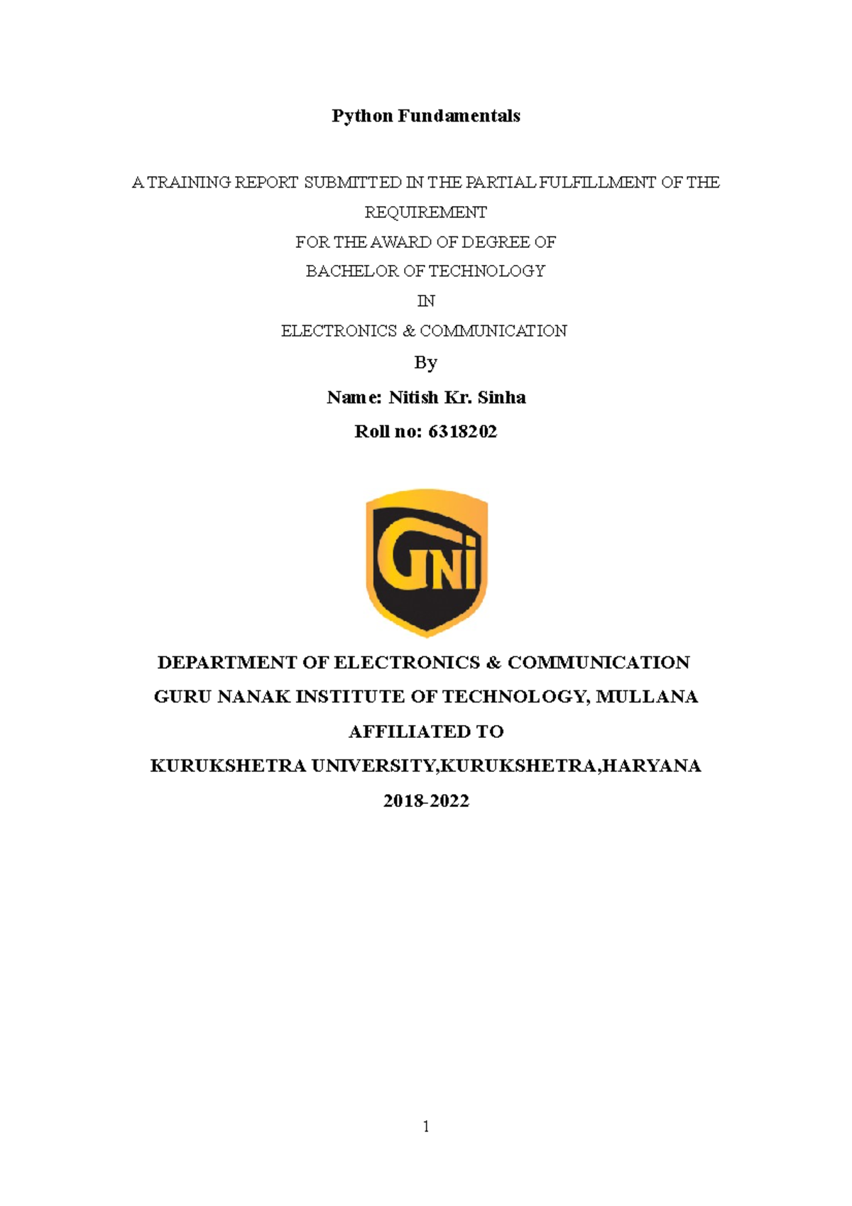 Nitish Industrial trainning - Python Fundamentals A TRAINING REPORT ...