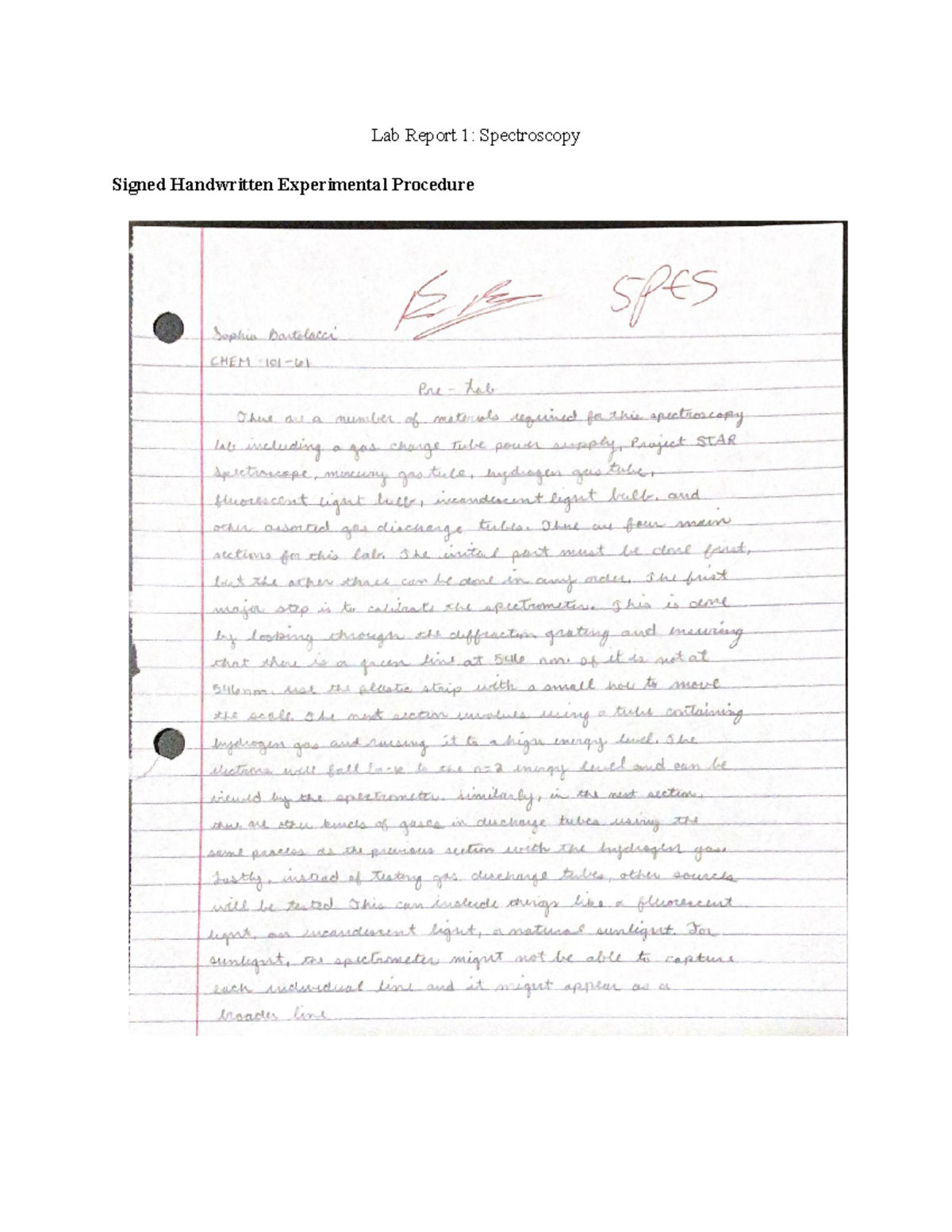 Lab 1 - chem 101 lab - Lab Report 1: Spectroscopy Signed Handwritten ...