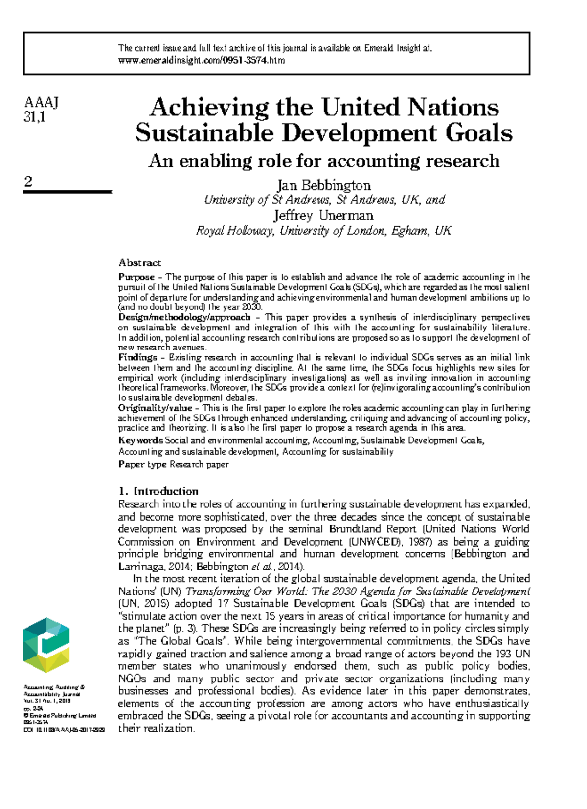 Achieving the United Nations Sustainable Development Goals - Achieving ...
